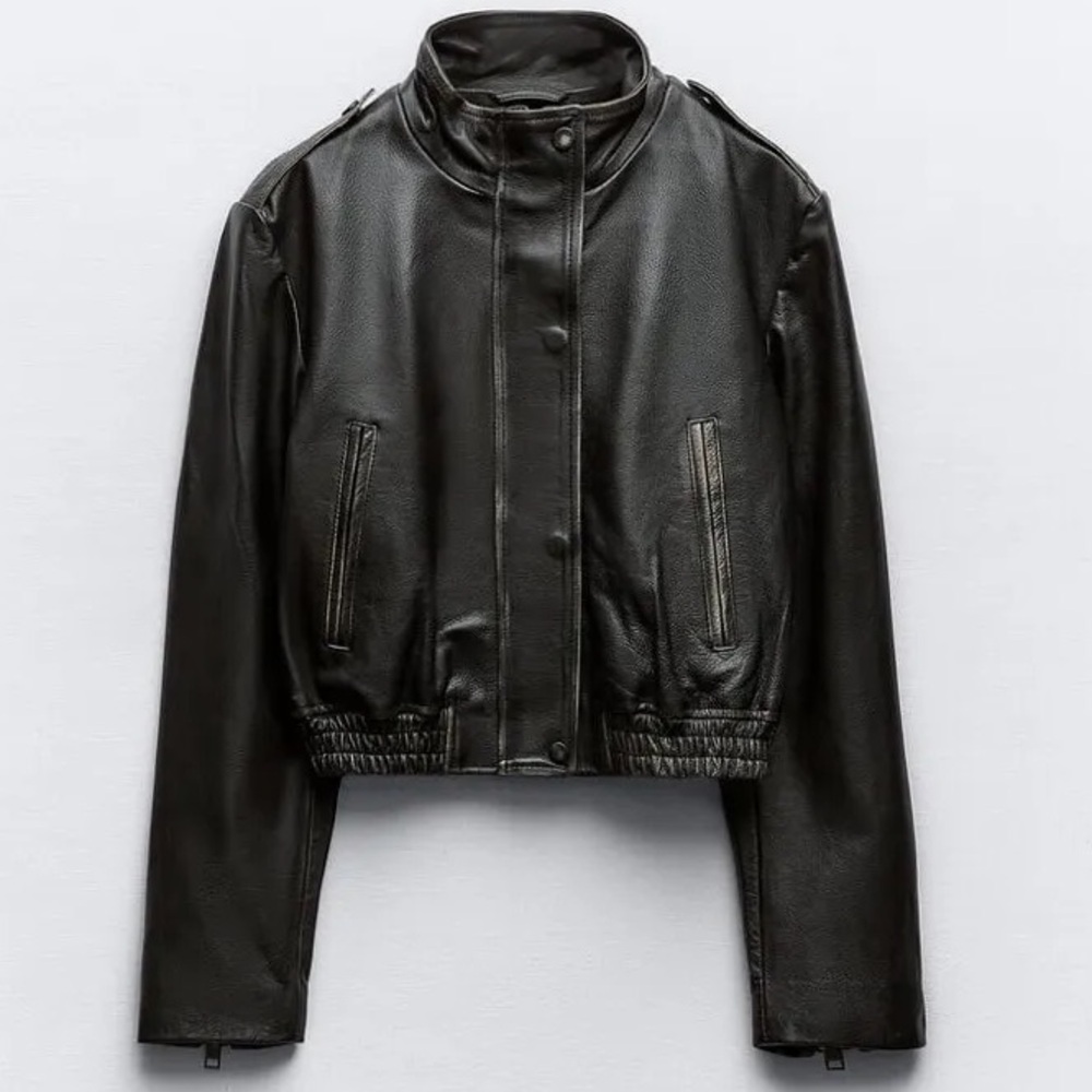 NWT Zara Genuine Leather Distressed Motorcycle Jacket